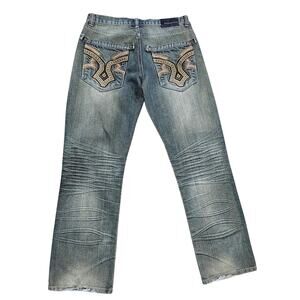 Raw Blue Jeans, Rare, Vintage, Y2K, Embroidered, Streetwear, Mens Size 32/32